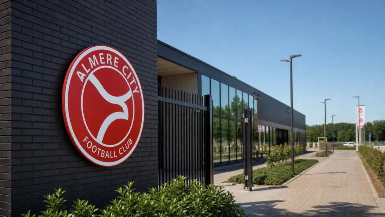 De ingang van het clubcomplex van Almere City met een vast clubbord.