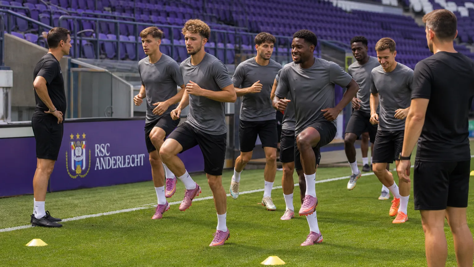 Een groep Anderlecht-spelers warmt op het veld op in het Lotto Park.