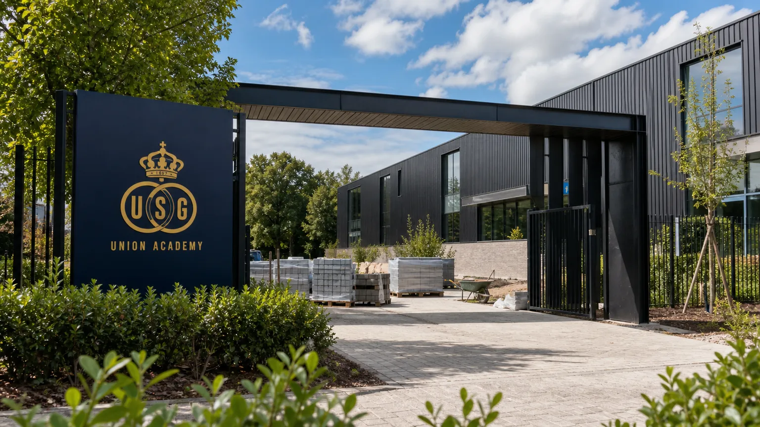 De ingang van de Union Academy met een discreet Union-clubanker bij renovatiewerken.
