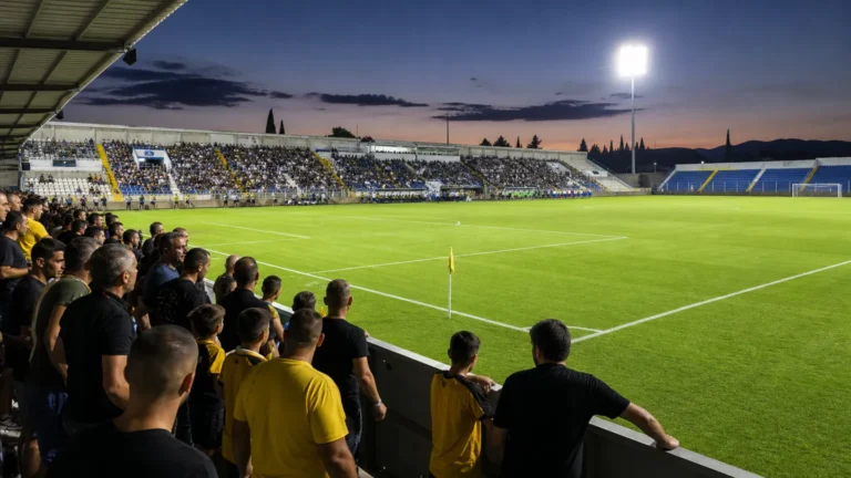 Open voetbalstadion in Cyprus met supporters dicht bij het speelveld voor de aftrap.