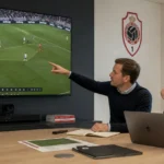 Twee medewerkers bekijken wedstrijdbeelden in een rekruteringsruimte van Royal Antwerp FC.