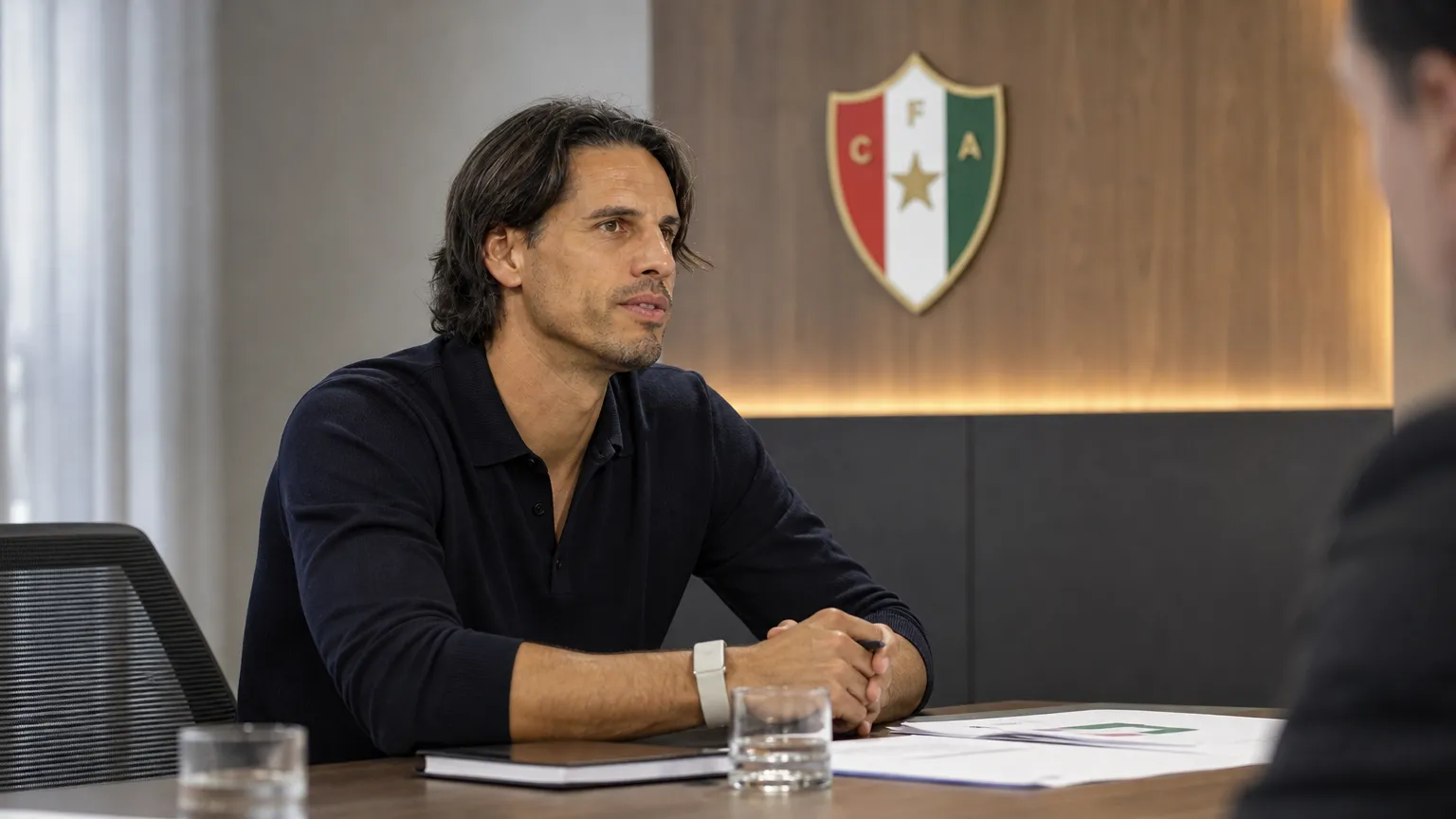 Yann Sommer zit in neutrale kleding aan een vergadertafel tijdens een zakelijk overleg.