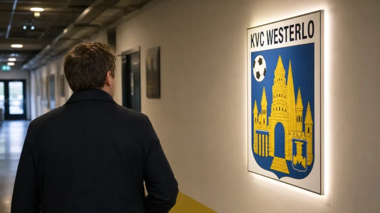 Een niet-herkenbare clubmedewerker in een gang met een KVC Westerlo-wandbord.