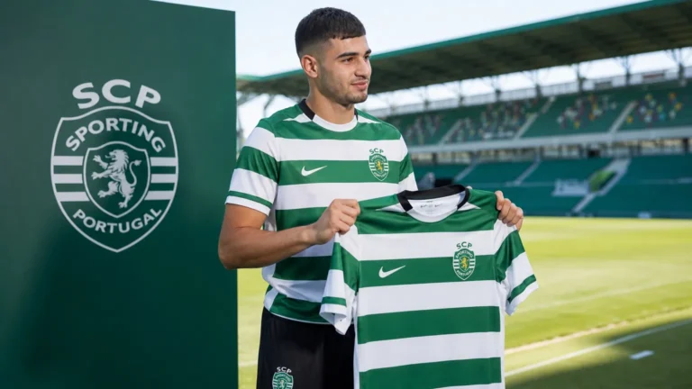 Moncef Zekri toont het shirt van Sporting CP tijdens zijn officiële voorstelling.