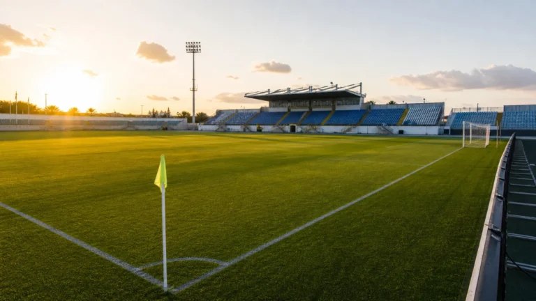 Een leeg voetbalveld in Cyprus, klaar voor een Europese wedstrijd.