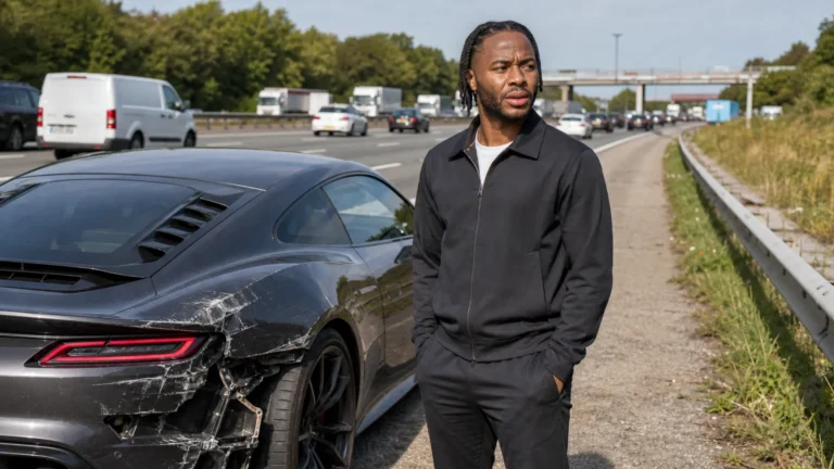 Raheem Sterling staat naast een beschadigde sportwagen langs een snelweg.