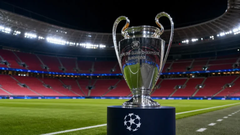 De Champions League-trofee op het gras in een Europees voetbalstadion.
