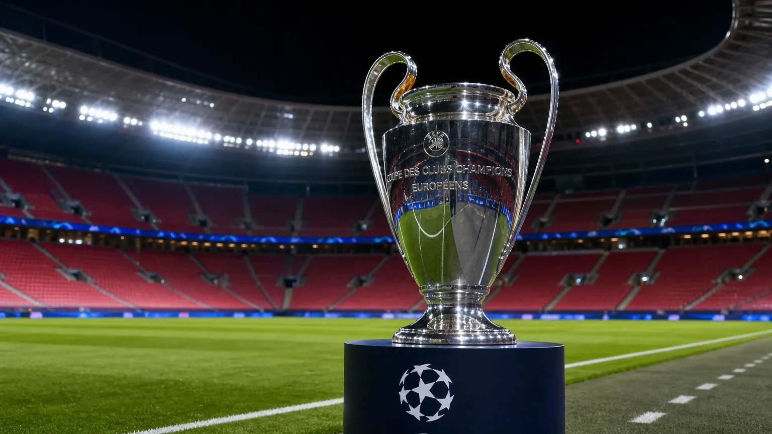 De Champions League-trofee op het gras in een Europees voetbalstadion.