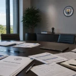 Een vergadertafel in een kantoorruimte van Manchester City met een discreet clubembleem aan de wand.