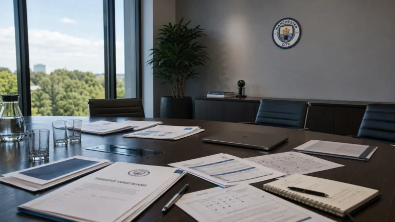 Een vergadertafel in een kantoorruimte van Manchester City met een discreet clubembleem aan de wand.