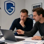 Medewerkers bekijken spelersprofielen in een operationeel kantoor van KRC Genk.