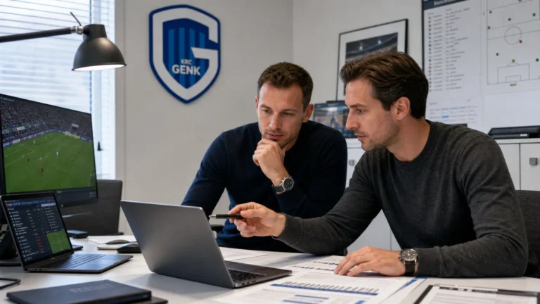 Medewerkers bekijken spelersprofielen in een operationeel kantoor van KRC Genk.