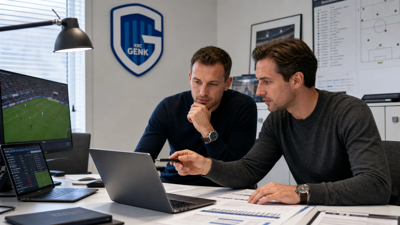 Medewerkers bekijken spelersprofielen in een operationeel kantoor van KRC Genk.