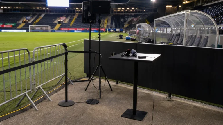 Operationele interviewzone naast een voetbalveld na een wedstrijd