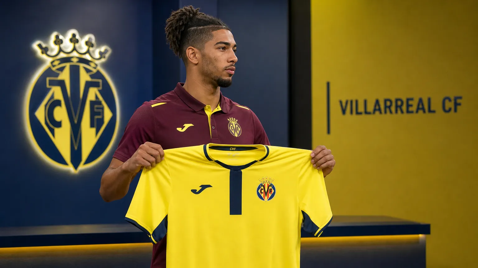 Nathan Saliba poseert met een Villarreal-shirt tijdens een officiƫle clubpresentatie.