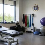 Een lege behandelruimte met revalidatiemateriaal en een discreet RSC Anderlecht-wandanker.