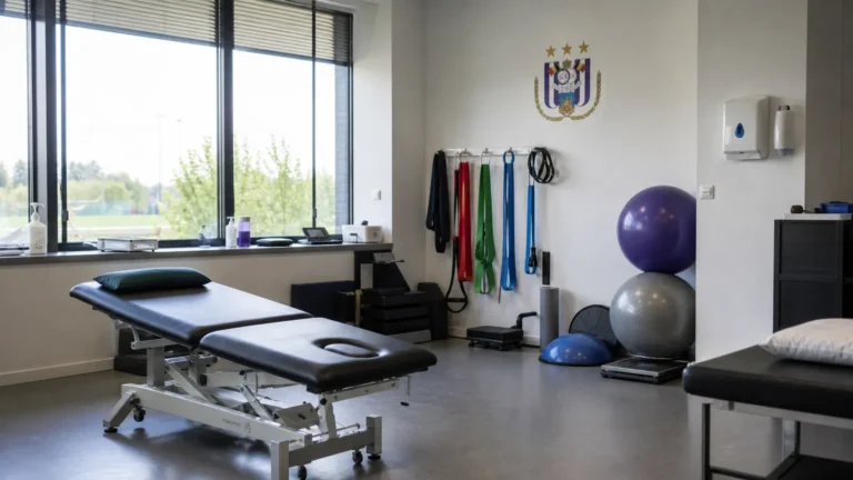 Een lege behandelruimte met revalidatiemateriaal en een discreet RSC Anderlecht-wandanker.