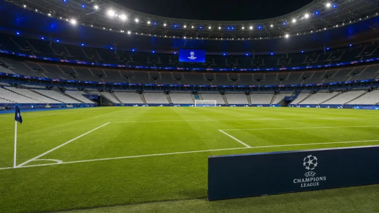 Een verlicht voetbalveld in een Champions League-stadion vlak voor de aftrap.