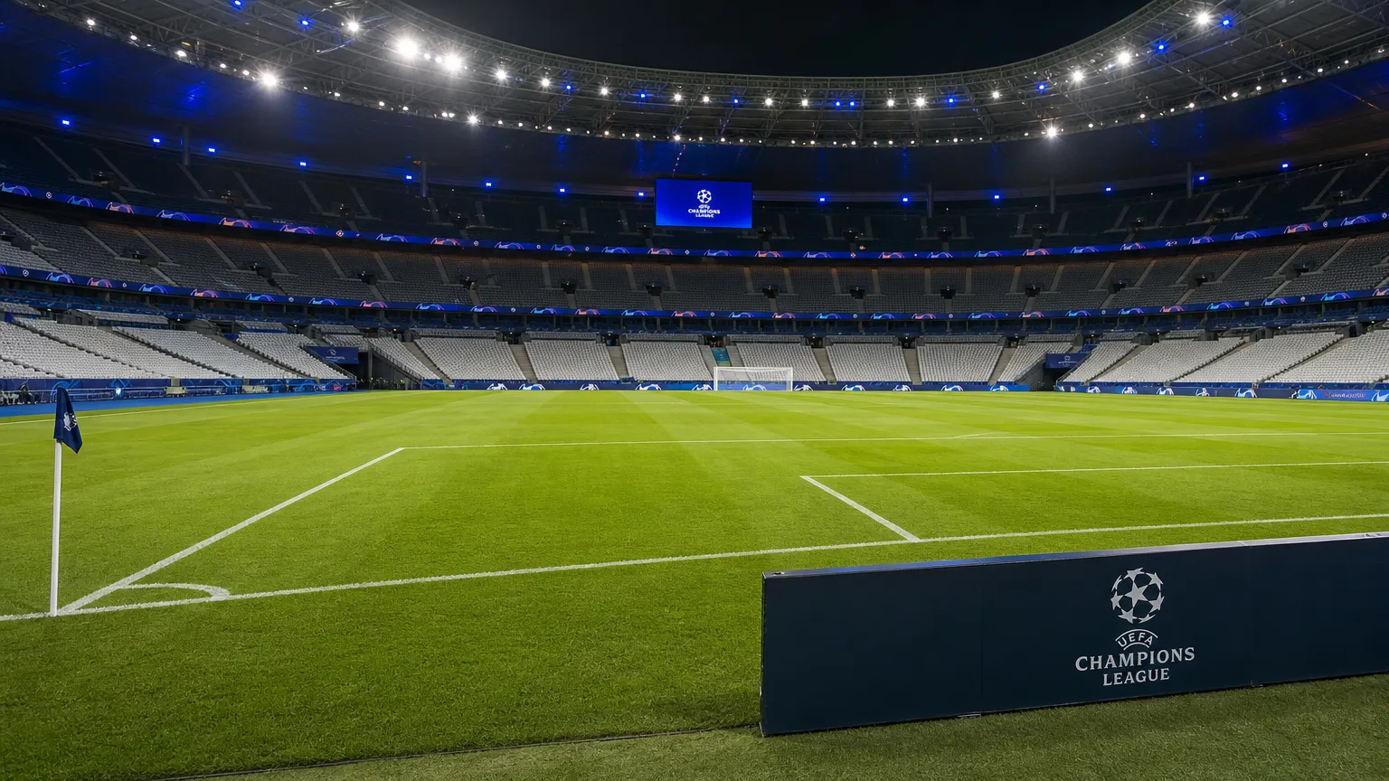 Een verlicht voetbalveld in een Champions League-stadion vlak voor de aftrap.