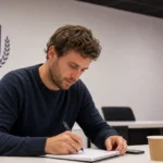 Een journalist maakt notities in een persruimte van RSC Anderlecht.