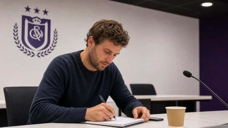 Een journalist maakt notities in een persruimte van RSC Anderlecht.
