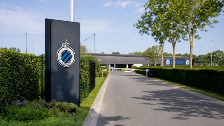 De ingang van het trainingscomplex van Club Brugge met een discreet clubembleem.