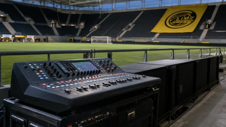 Bedieningspaneel voor het stadiongeloid in het stadion van Bodø/Glimt met een clubvlag op de achtergrond.