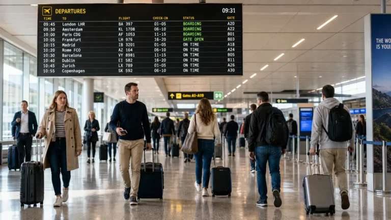 Reizigers in een vertrekhal van een luchthaven bij de vertrekschermen.