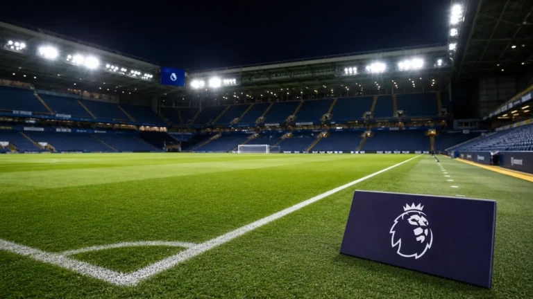 Verlicht Premier League-veld in een gevuld stadion met een discreet competitiesymbool langs de zijlijn