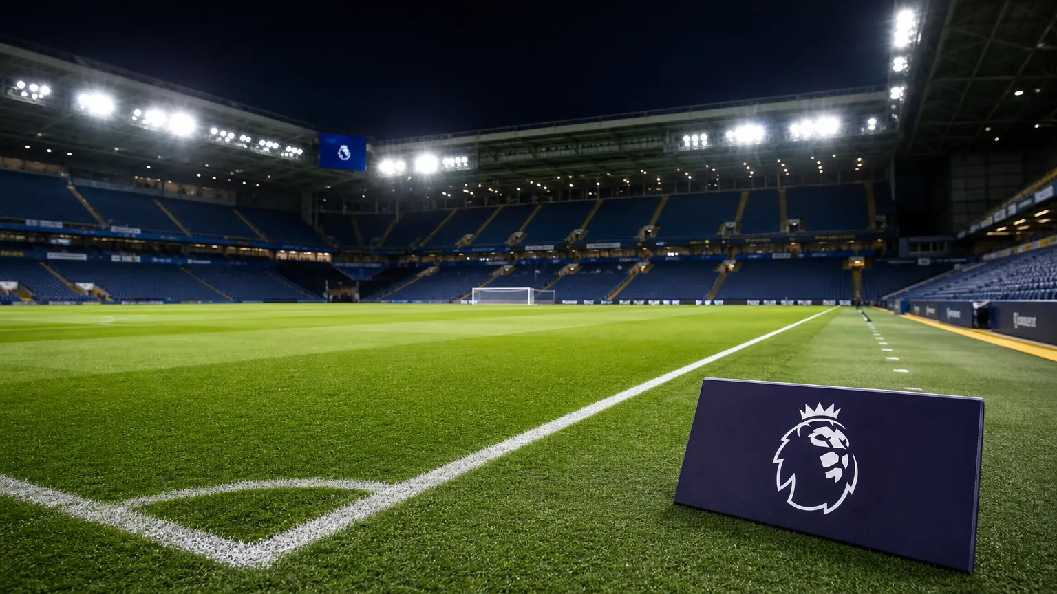 Verlicht Premier League-veld in een gevuld stadion met een discreet competitiesymbool langs de zijlijn