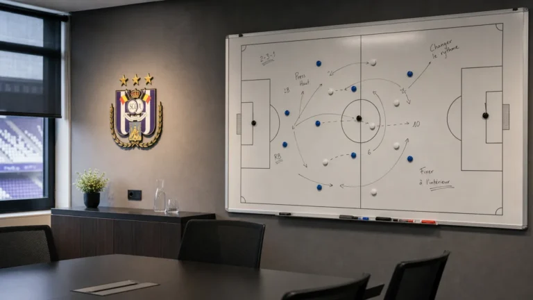 Tactisch analysebord in een vergaderruimte van RSC Anderlecht.