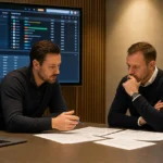 Medewerkers bespreken transferplanning in een kantooromgeving van Royal Antwerp FC.