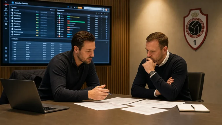 Medewerkers bespreken transferplanning in een kantooromgeving van Royal Antwerp FC.