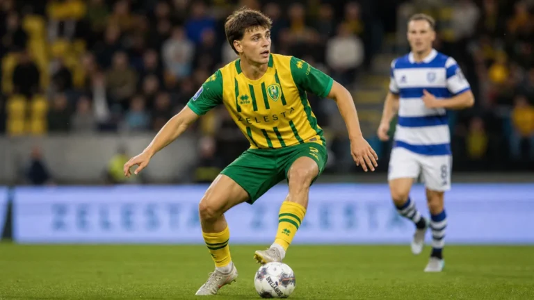 Matteo Waem in actie in het geel-groene tenue van ADO Den Haag.