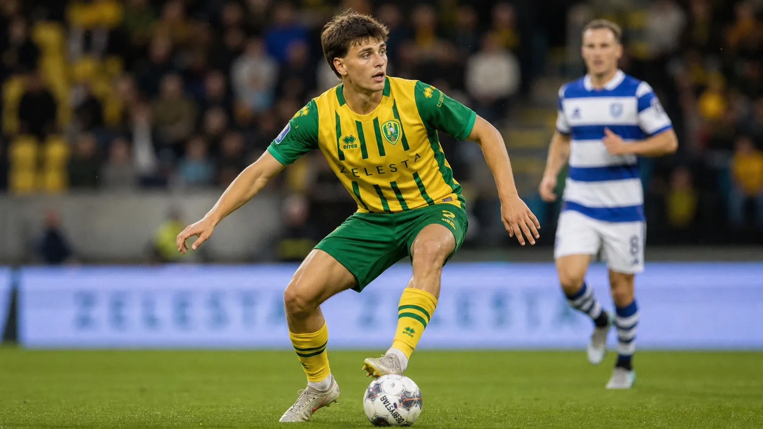 Matteo Waem in actie in het geel-groene tenue van ADO Den Haag.