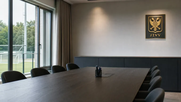 Een rustige vergaderruimte in een STVV-clubomgeving met een discreet clubanker aan de wand.