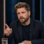 Lasse Schöne bespreekt als analist een voetbalwedstrijd aan een televisiedesk.