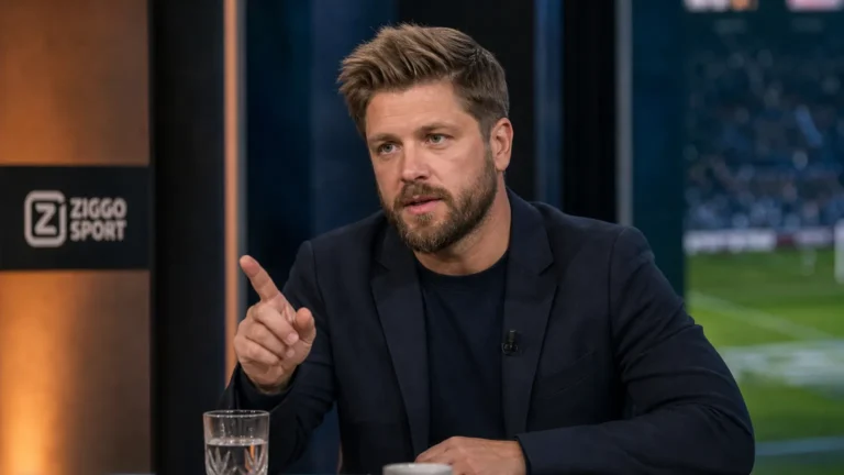 Lasse Schöne bespreekt als analist een voetbalwedstrijd aan een televisiedesk.
