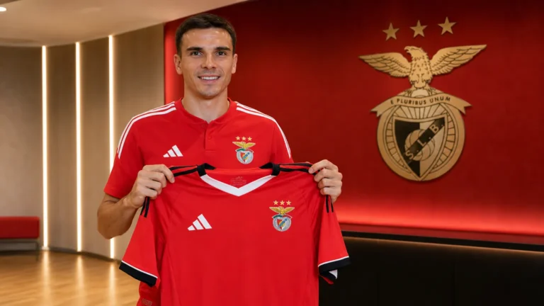 João Palhinha toont een Benfica-shirt tijdens zijn officiële voorstelling.