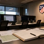 Operationele werkruimte van Atlético Madrid met een discreet clubembleem aan de wand.