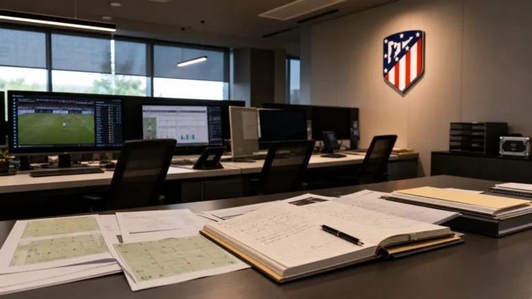 Operationele werkruimte van Atlético Madrid met een discreet clubembleem aan de wand.