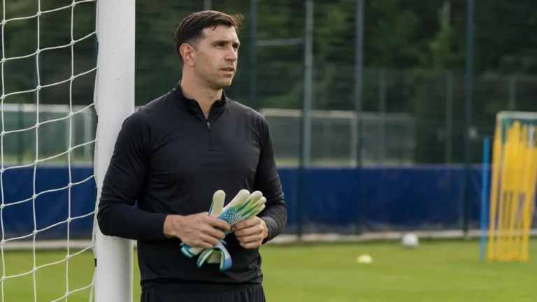 Emiliano Martínez tijdens een rustige doelmanstraining op een voetbalcomplex.