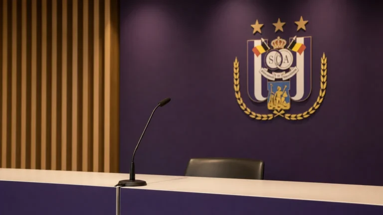 Lessenaar met microfoon in een perszaal van RSC Anderlecht.