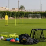 Een trainingsveld voor jonge voetballers met een discreet Al Qadsiah-bord langs de zijlijn.