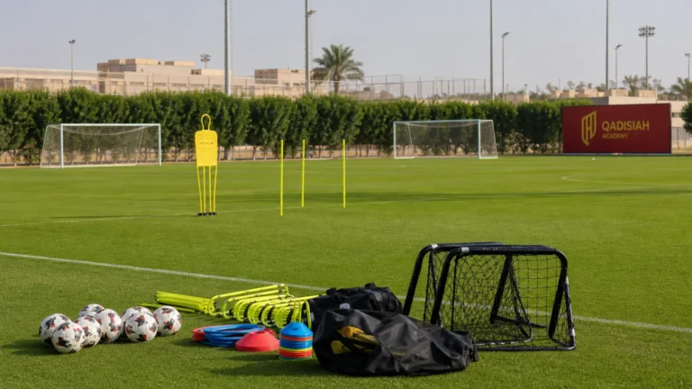 Een trainingsveld voor jonge voetballers met een discreet Al Qadsiah-bord langs de zijlijn.