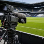 Een televisiecamera naast het grasveld in een Belgisch voetbalstadion.