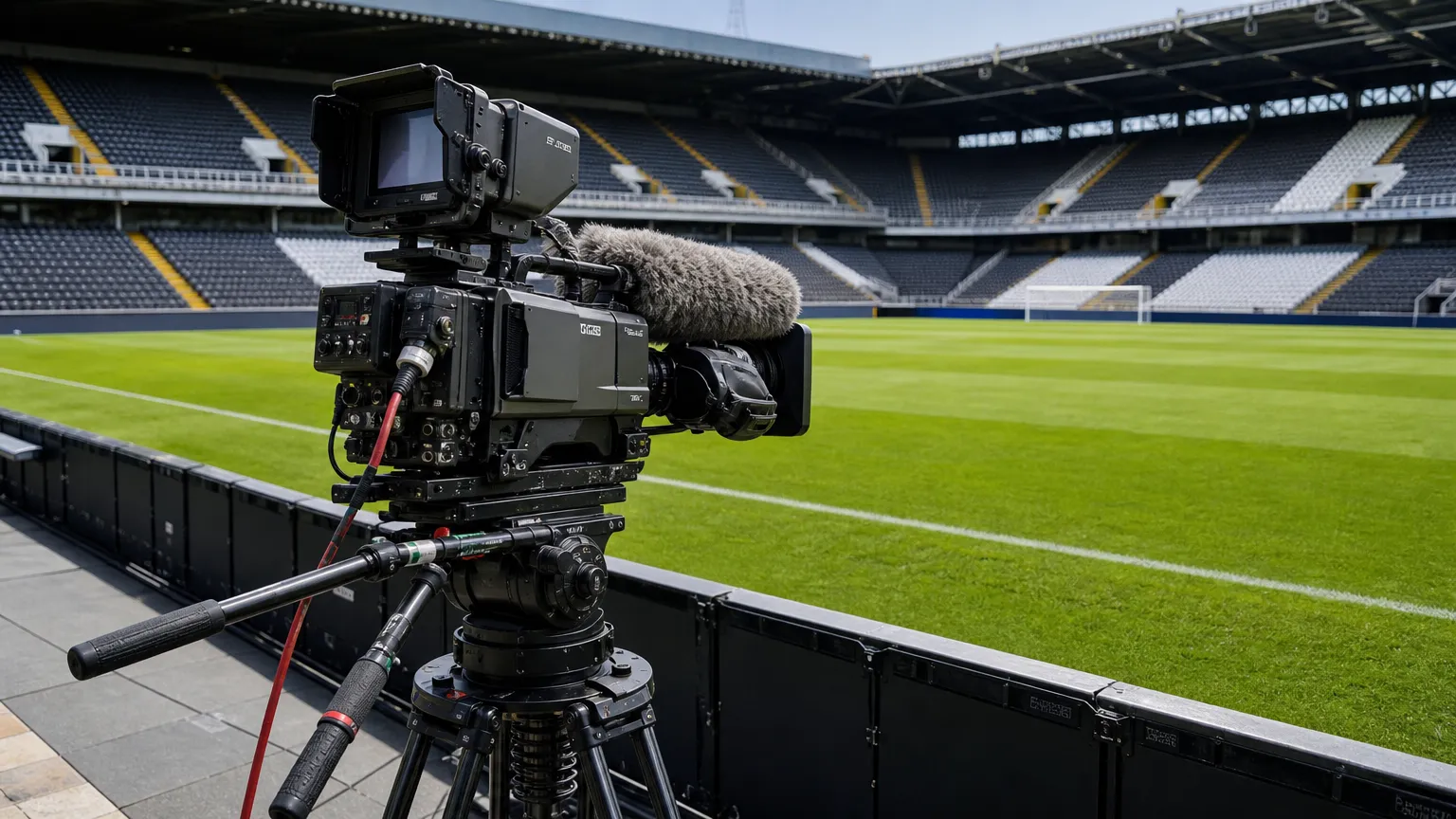 Een televisiecamera naast het grasveld in een Belgisch voetbalstadion.