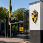 De ingang van het Lisp met een Lierse-clubembleem en geel-zwarte vlaggen.