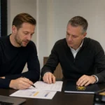 Twee medewerkers overleggen in een kantoorruimte van STVV.