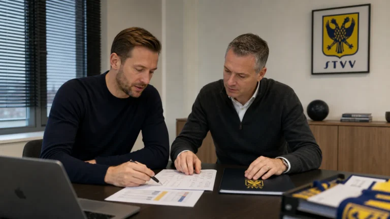 Twee medewerkers overleggen in een kantoorruimte van STVV.